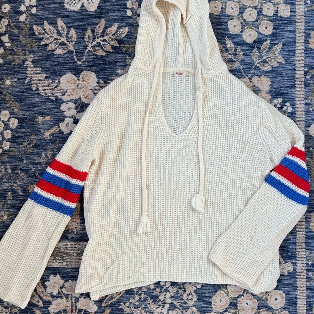 Faherty Cream Knit Hoodie with Red and Blue Stripes